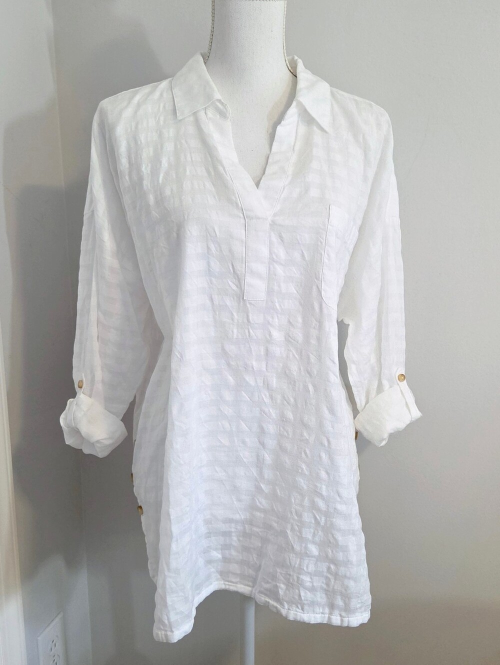 J. Jill Cotton Textured Windowpane V-Neck Popover Tunic - White XLP
